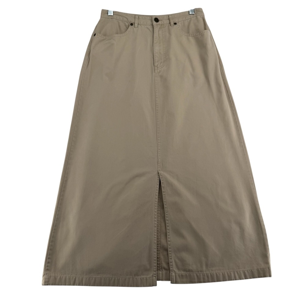Eddie Bauer Womens 8 Khaki Maxi Skirt A Line Front Slit 100% Cotton 90s Y2K